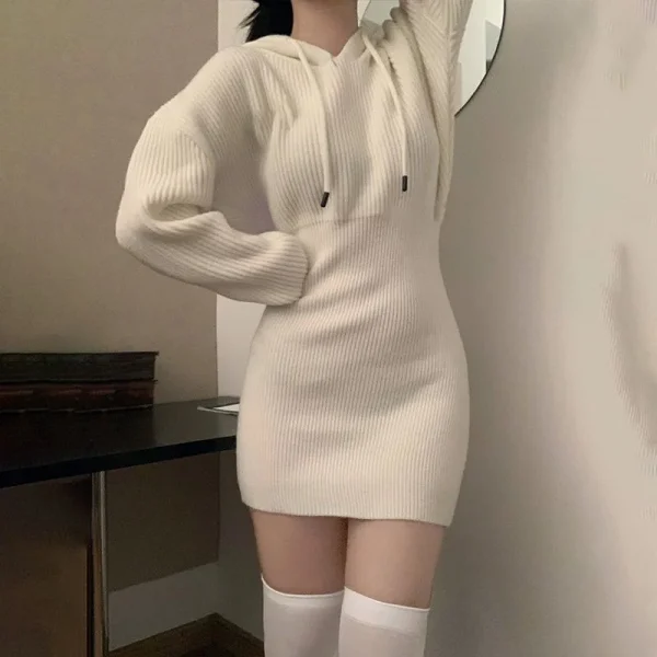 Knit Long Sleeve Hooded Mini Dress for Women
